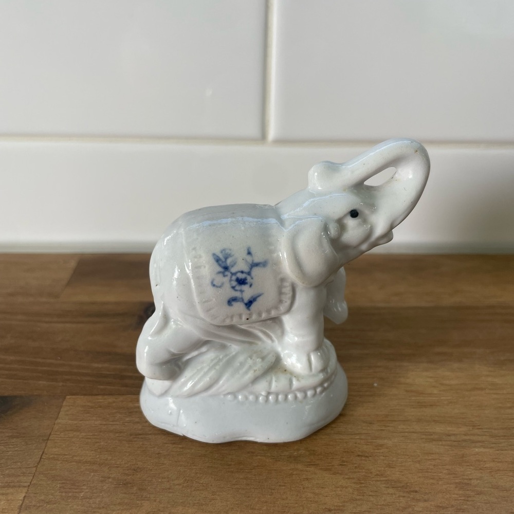Vintage Miniature Porcelain Elephant Figure Blue Floral Saddle Trunk Up 2.5”
